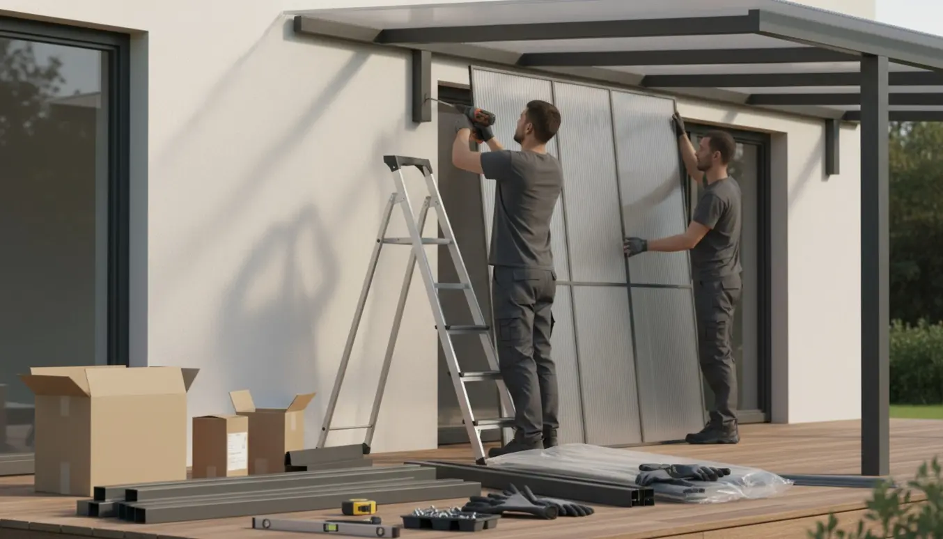 Installatører monterer en terrasseoverdækning på en facade med paneler og værktøj i fokus.