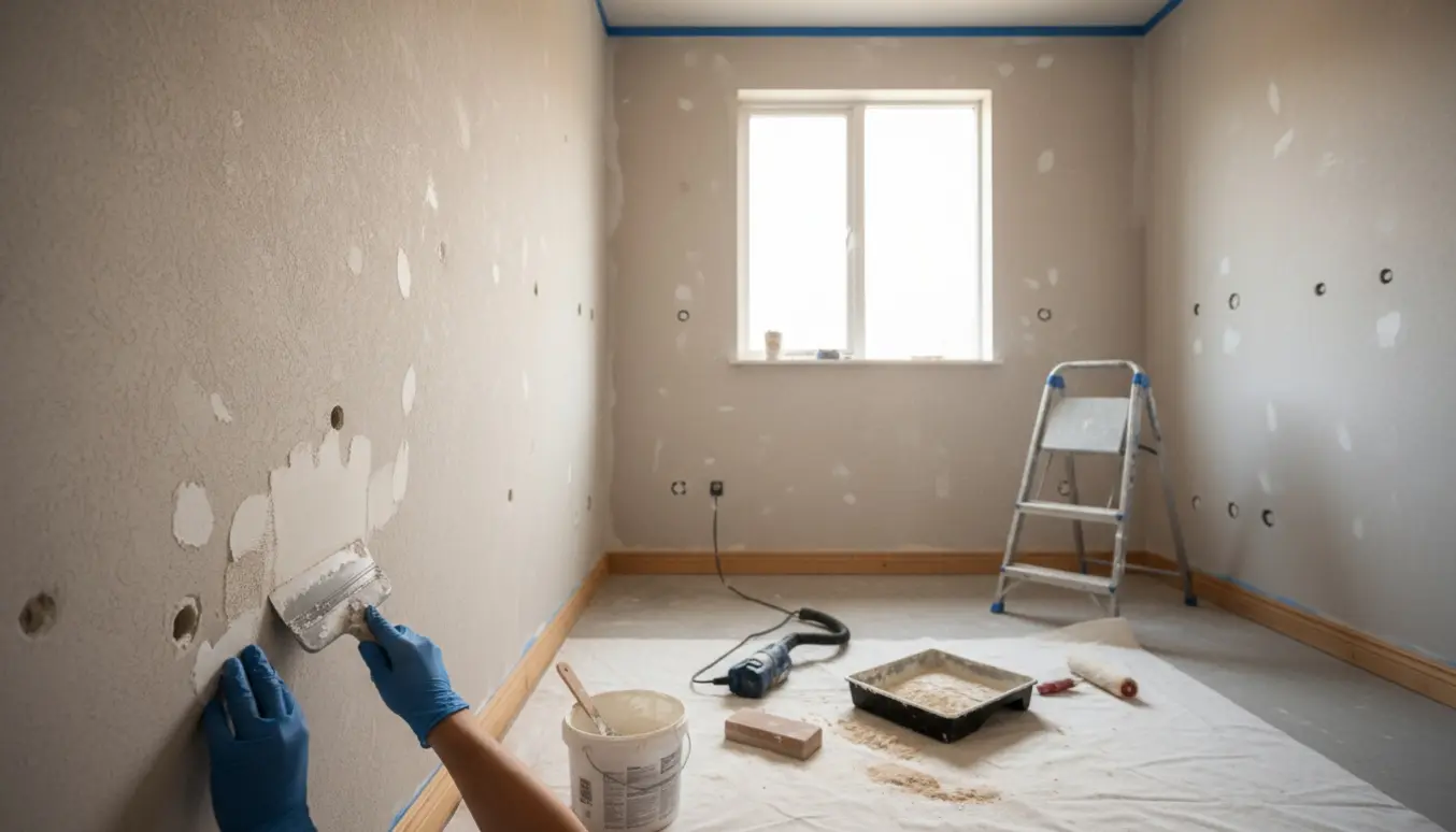 Hænder spartler små huller i væggen i et lyst, lille værelse klar til maling.