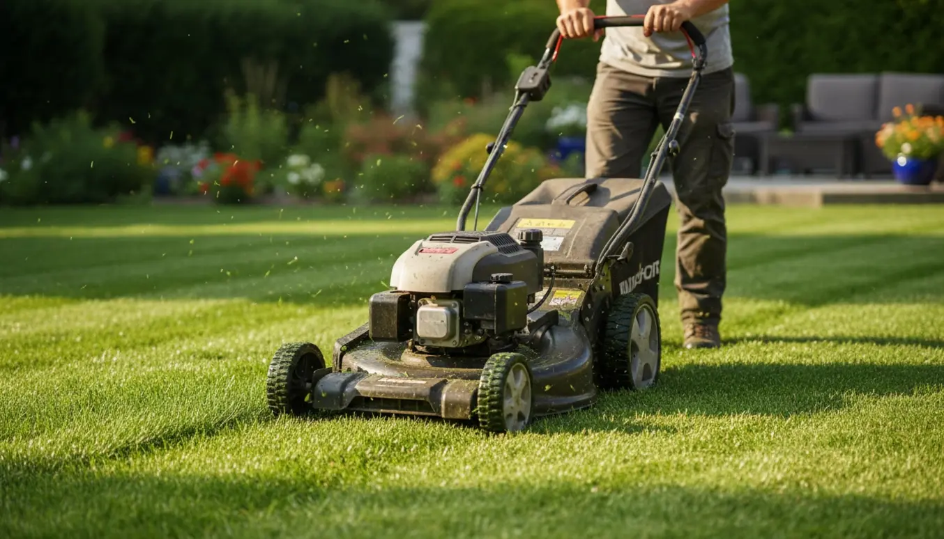 Selvkørende plæneklipper laver klare striber på en velplejet græsplæne, operatør kun vist fra livet ned.