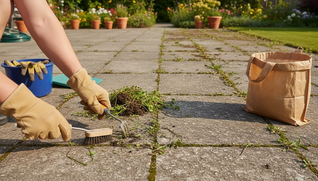 Hænder i havehandsker fjerner ukrudt mellem fliser med en håndhakke og stiv børste på en solbelyst terrasse.