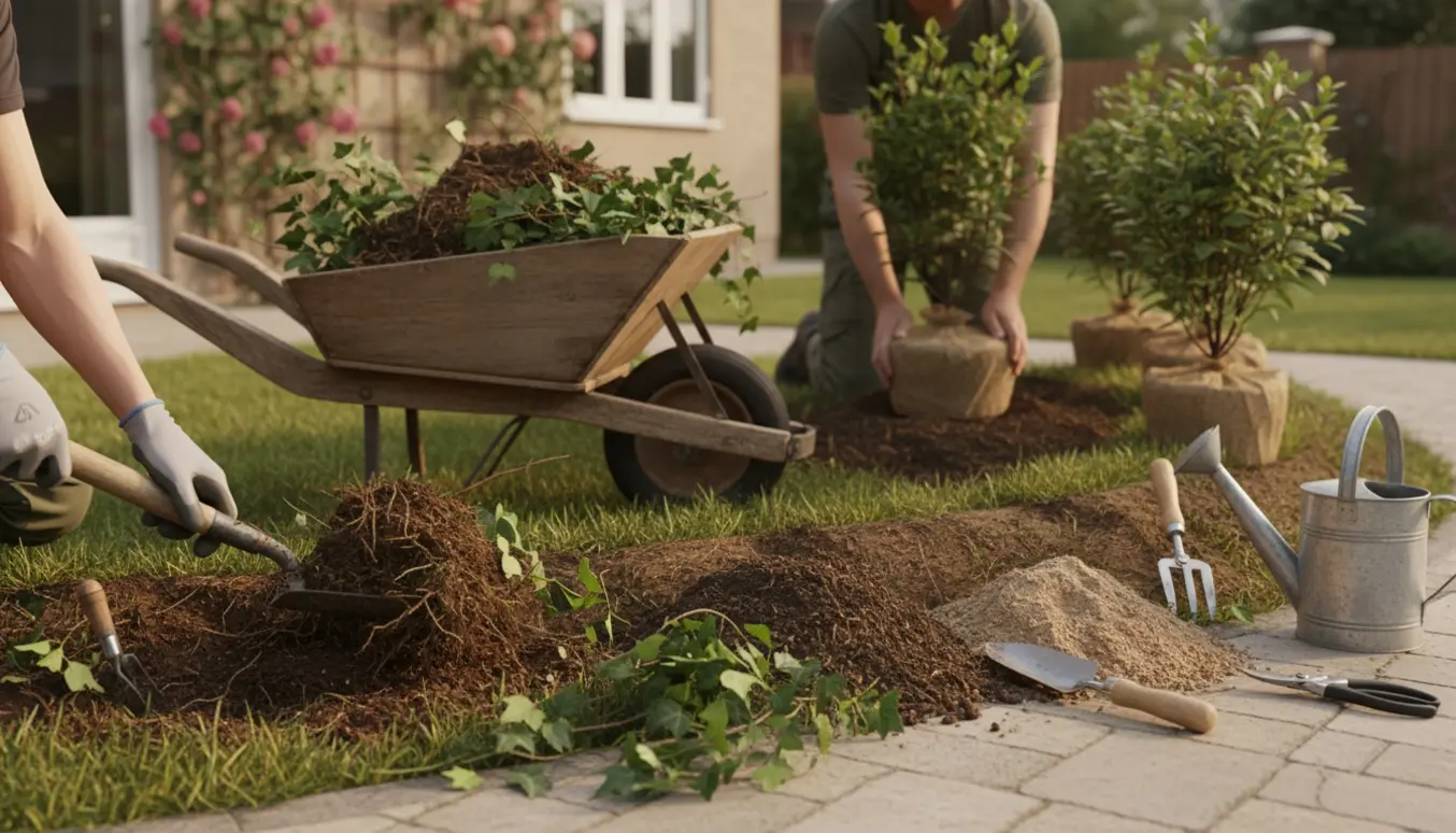 Hænder fjerner græs og efeu fra en jordvold ved grundkanten og forbereder plantning af buske.