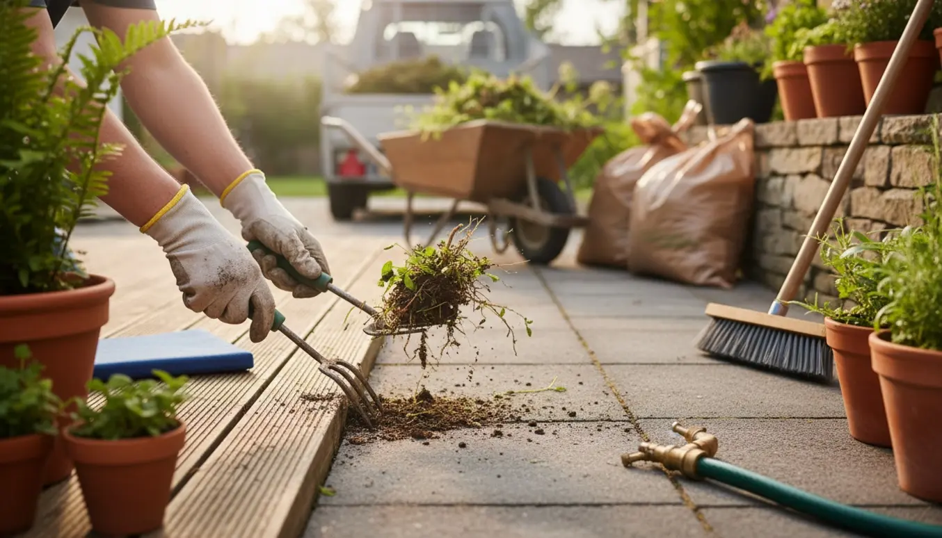 Hænder i havehandsker fjerner ukrudt mellem terrassefliser med værktøj, trillebør og sække klar til bortskaffelse.