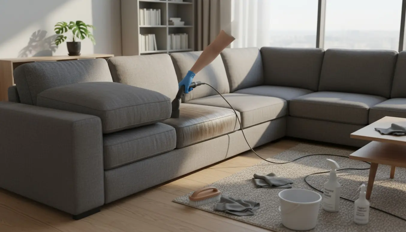 Nærbillede af rengøring af en U-formet sofa med støvsuger, børste og klude i et lyst, moderne stuerum.