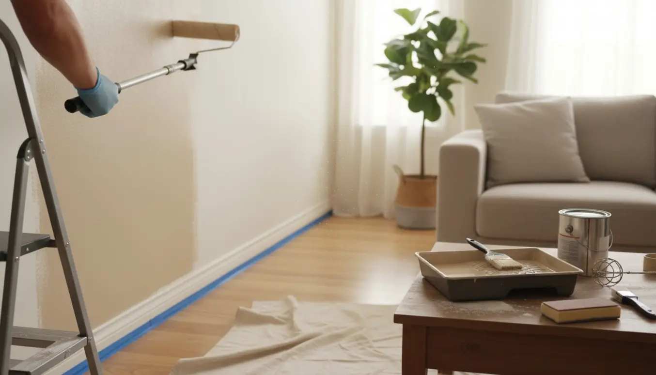 En maler på en lille stige maler en væg i et lyst rum med maleredskaber og afdækningsdug.