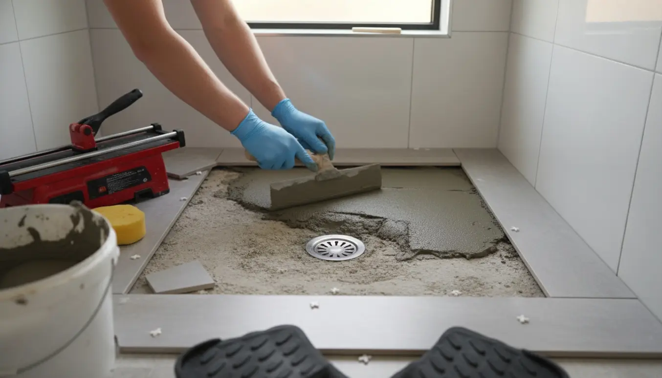 Delvist adskilt 90x90 brusekabine med hænder, der lægger nyt fald mod afløbet.