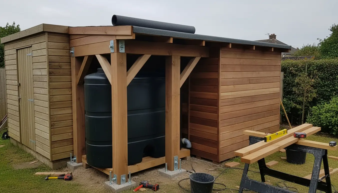 Træhaveskur forlænget med en robust træbygget udbygning med integreret rund vandbeholder og tagpap.