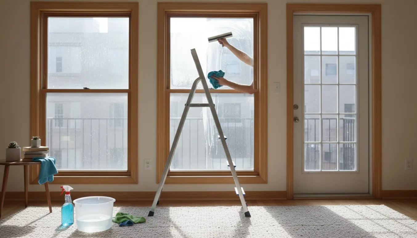 Indvendig vinduespudsning fra 2. sal med stige, squeegee og halvrenset rude, uden synlige ansigter.