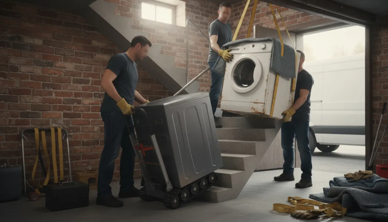 Flyttemænd sænker en ny vaskemaskine ned ad en stejl kældertrappe, mens de bærer en tung, slidt frontbetjent vaskemaskine op med trillebår og remme.