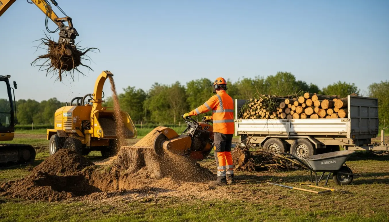 Maskine fjerner træstub og rødder, området er ryddet og træstammer er samlet til bortkørsel.