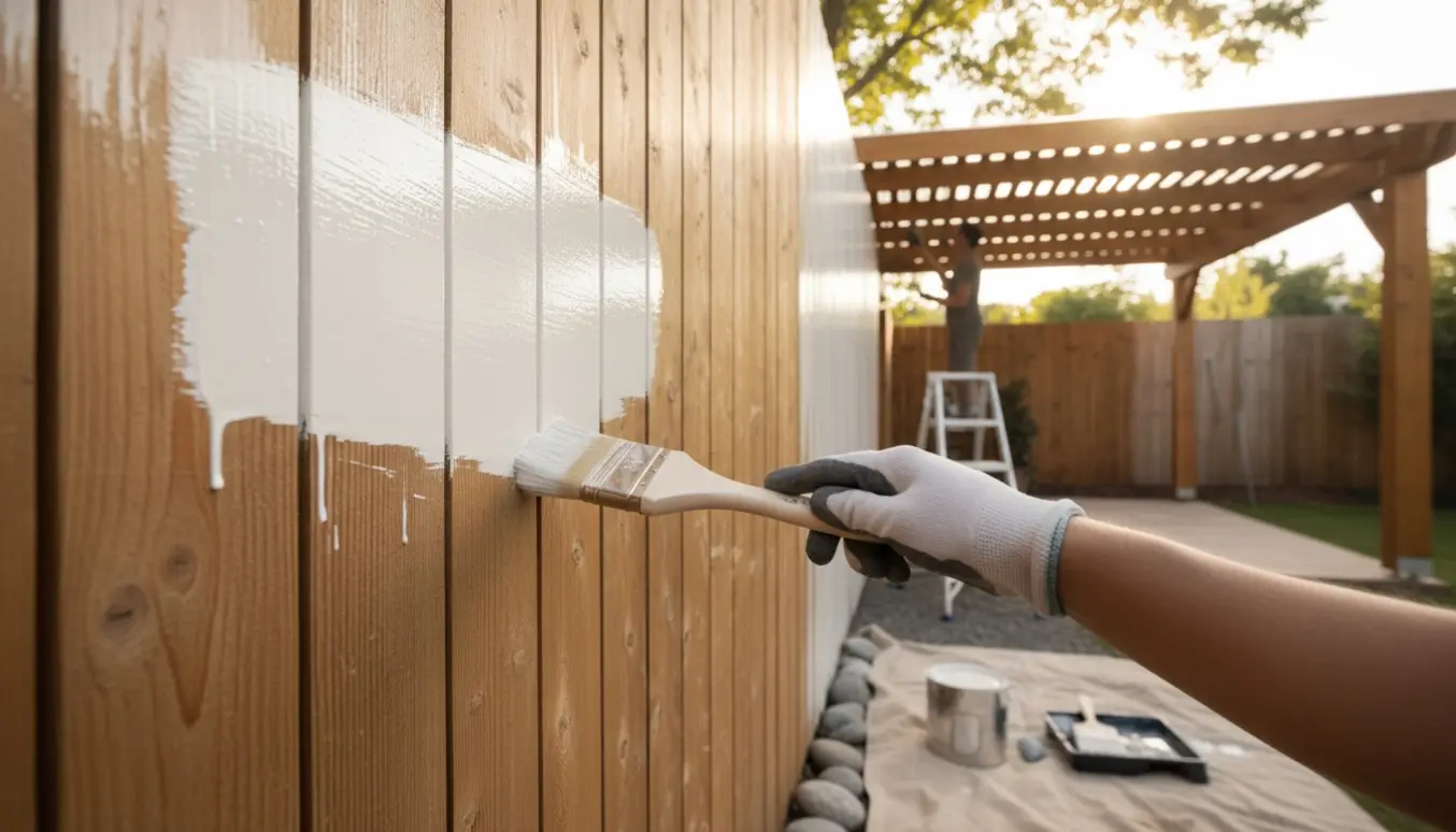 Nærbillede af hænder, der maler et træhegn med pensel, med afdækning og malerbøtte i baggrunden.