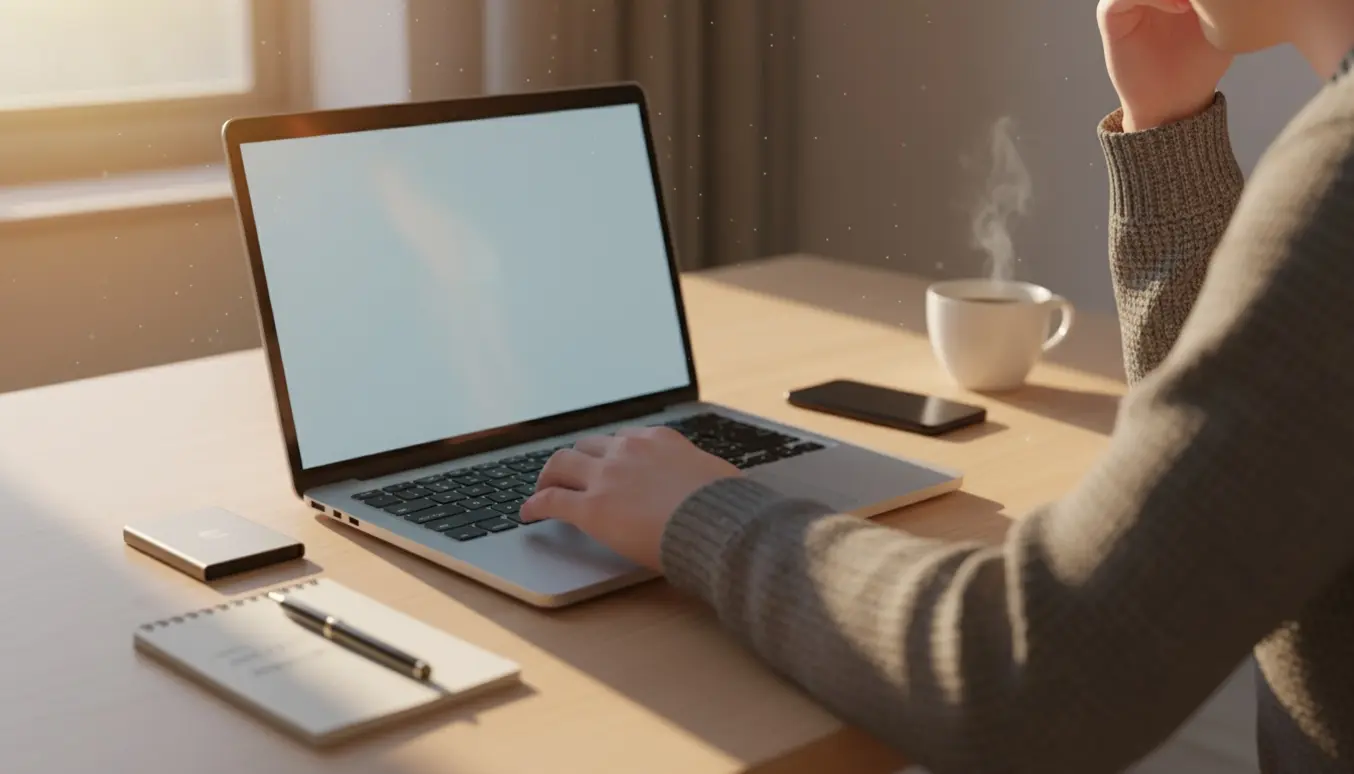 Hænder ved en Mac-lignende bærbar på et skrivebord med ekstern harddisk og telefon ved siden af, uden synligt ansigt.