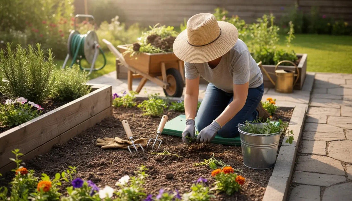 Person luger ukrudt i et højbed med handsker, håndredskaber og en spand med trukne ukrudtsplanter.