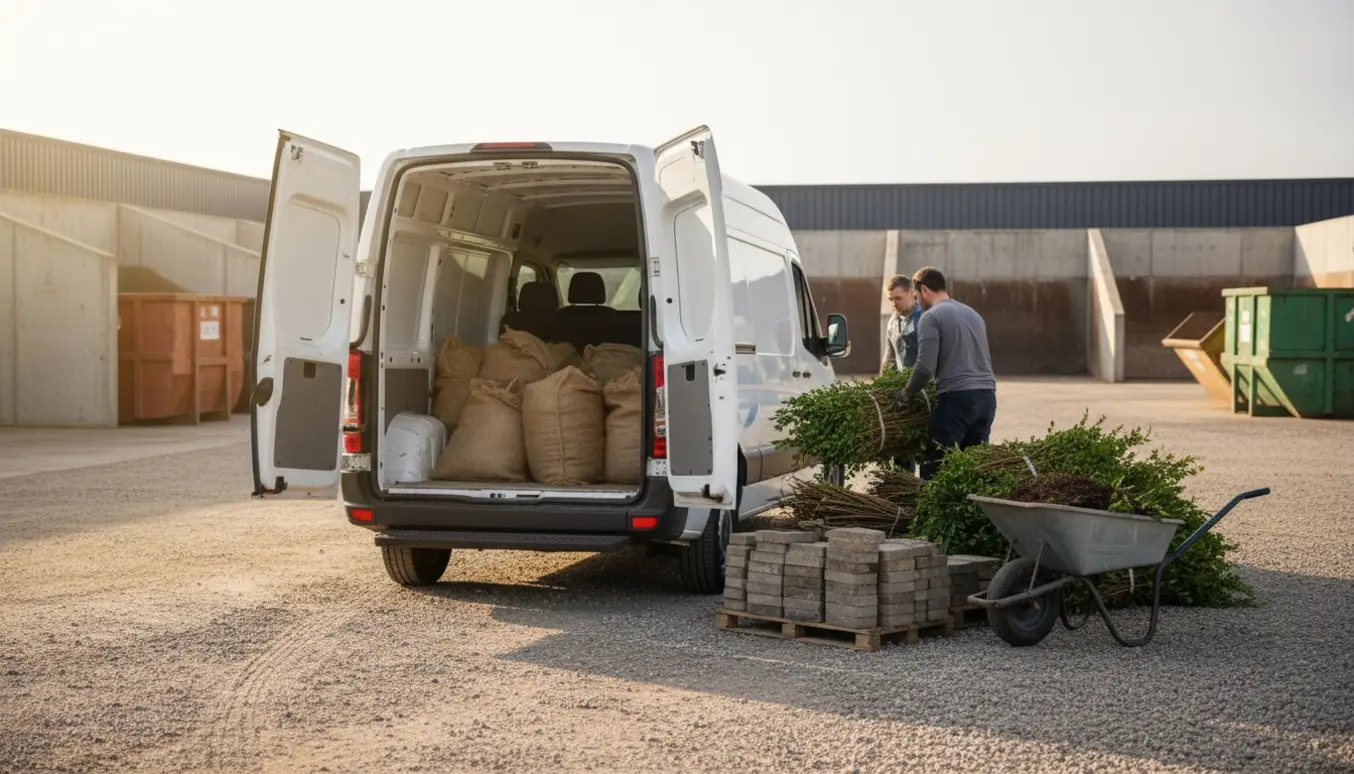 Varevogn aflæsser haveaffald og fliser ved en genbrugsstation, uden tydelige ansigter.