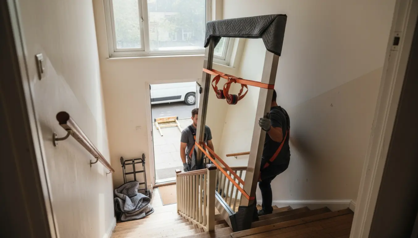 To personer bærer et stort indpakket spejl med stålramme ned ad en smal trappe med flyttetæpper og løftebånd.