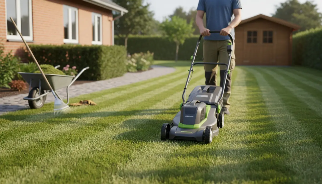 Solbeskinnet for- og baghave med nyslået græs og en person set bagfra, der bruger en plæneklipper.
