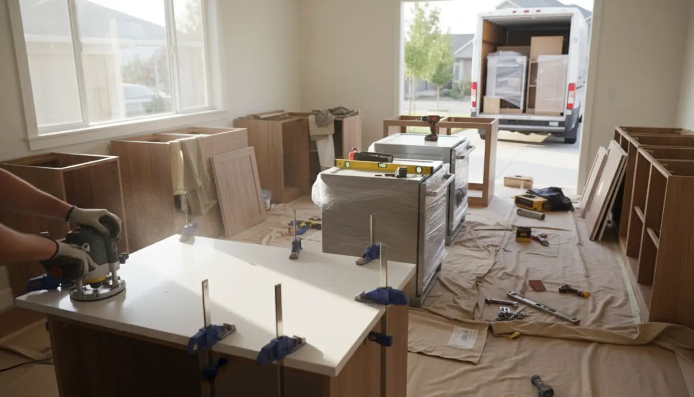 Installatører tilpasser og monterer en Corian-bordplade på køkkenmoduler under nedtagning og flytning.