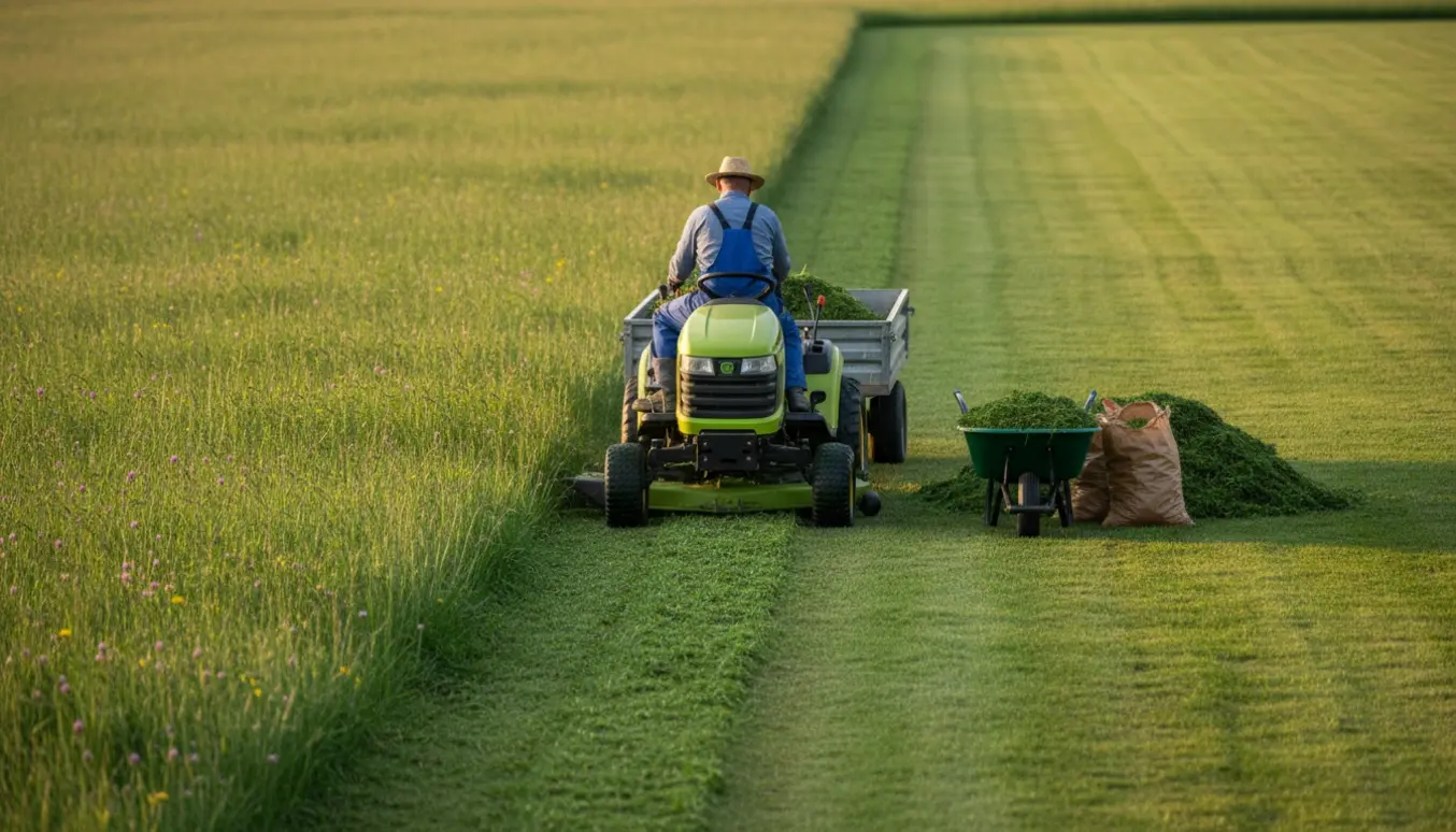 En person set bagfra på en havetraktor, der slår højt græs og læsser afklip i en trailer på en stor plæne.