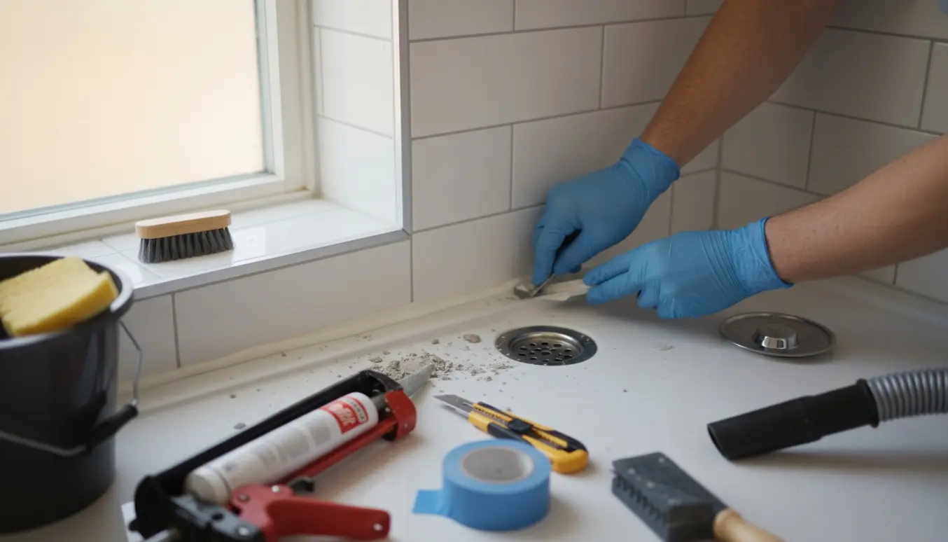 Nærbillede af hænder i handsker, der udskifter fuge omkring bruserist med fugepistol og fugeglatter.