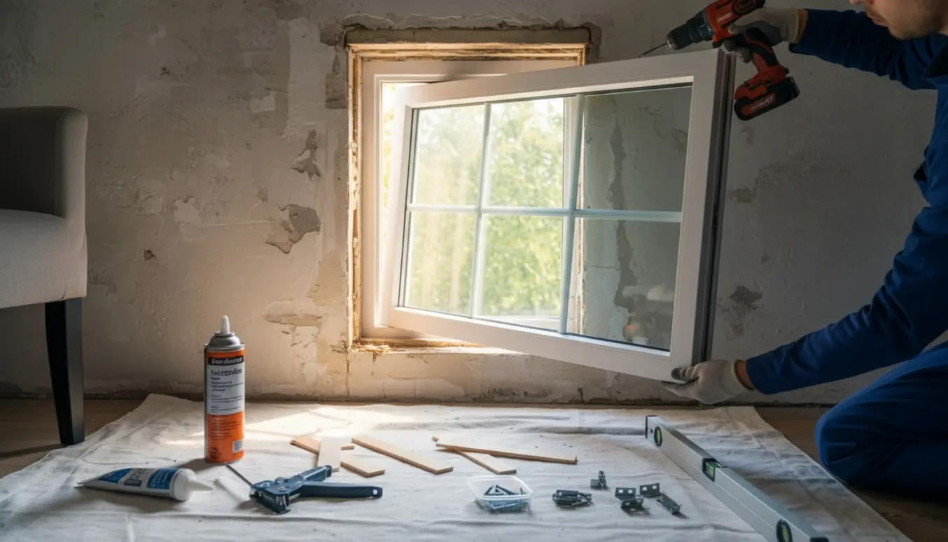 Et lille vindue sættes i en vægåbning på første sal, hænder holder rammen og værktøj ligger klar.