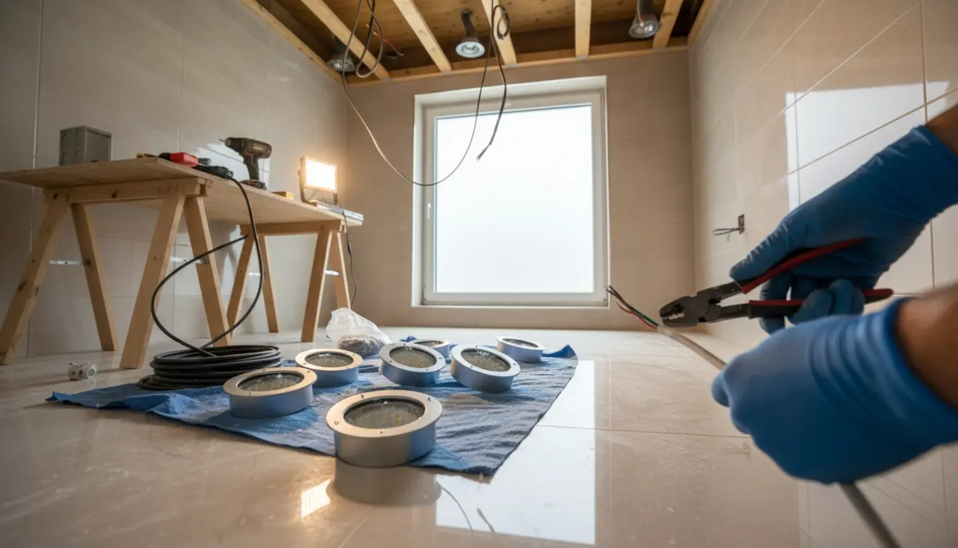 Badeværelse under renovering med nedrevet loft, synlige bjælker, seks spots og værktøj klar til opsætning.