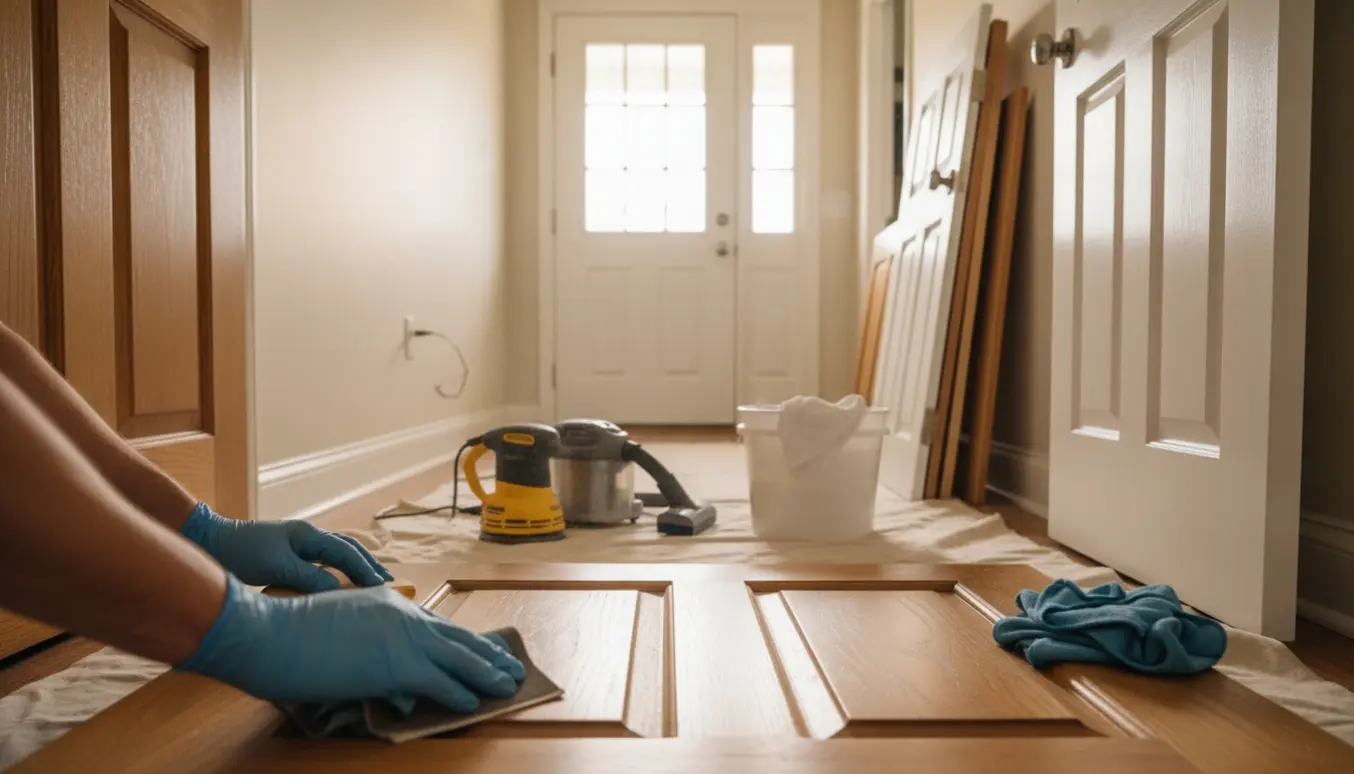 Nærbillede af hænder, der sliber og aftørrer døre og fodpaneler klar til grunding.