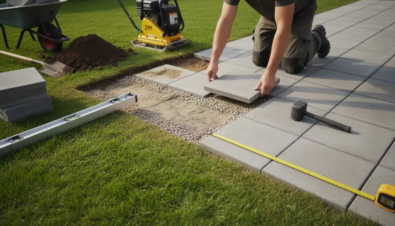 Hænder lægger nye 30x30 cm fliser ved en græsplæne på en nyligt gravet bund med stabilgrus.