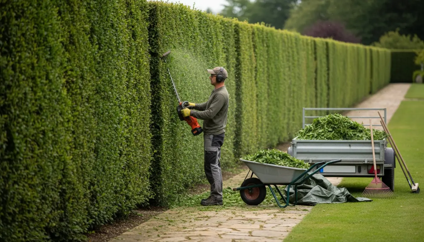 En person trimmer en cirka to meter høj hæk langs en lang sti, mens afklip samles i en trillebør.