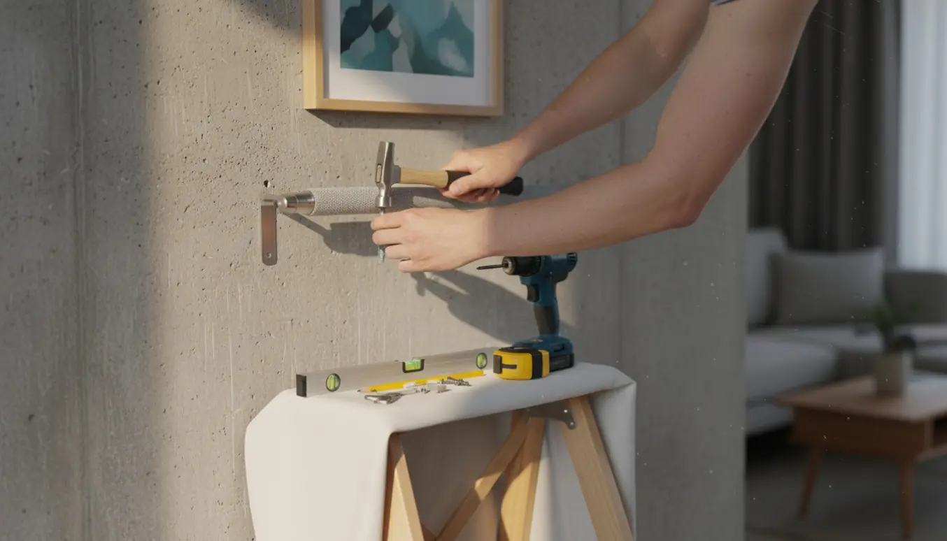 Hænder monterer en gardinstang og hænger et billede op på en betonvæg med værktøj ved siden af.