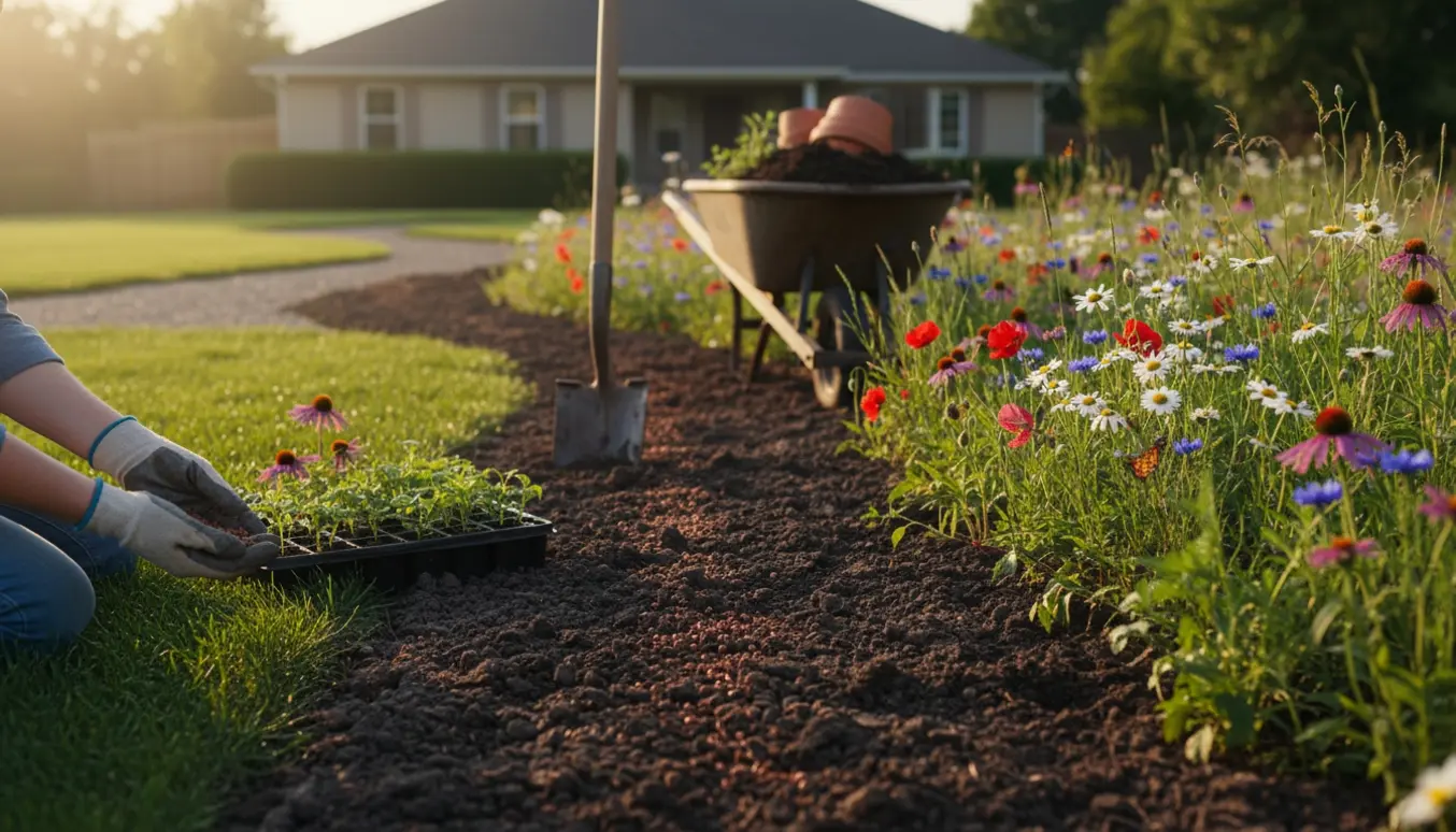 Parcelhushave i forvandling fra klippet græsplæne til vild blomstereng med hænder, frø, redskaber og blomstrende planter.