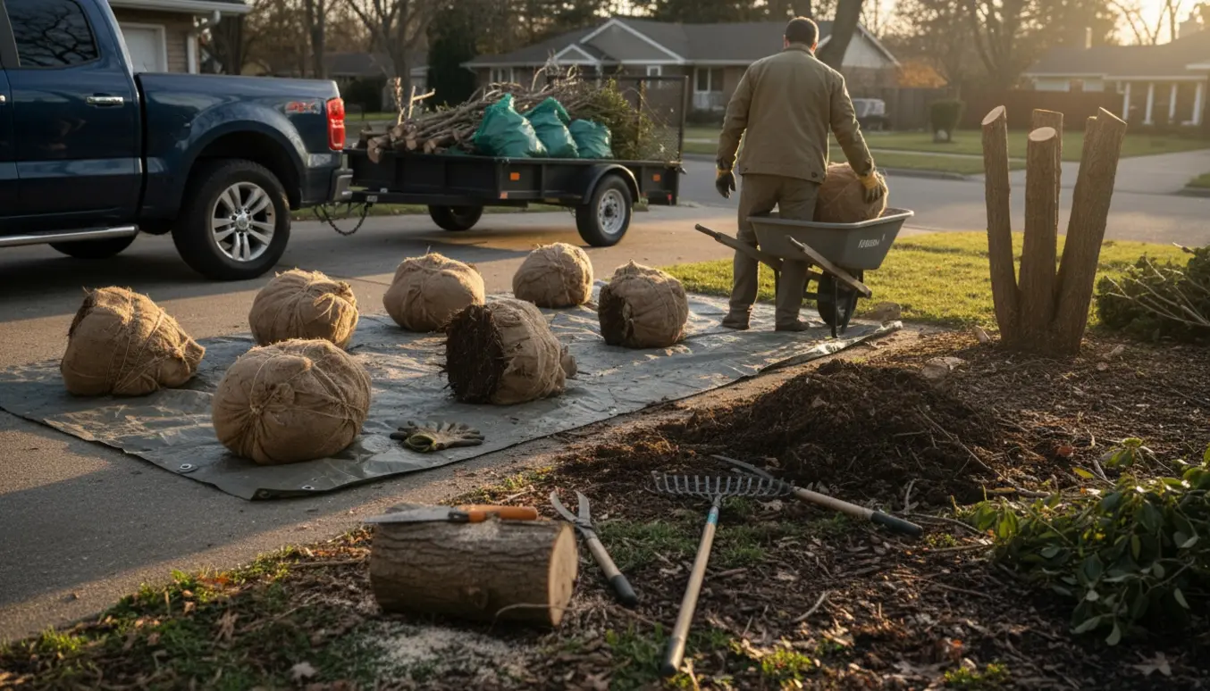 Opgravede buske og opdelte træstammer klar til afhentning på trailer.