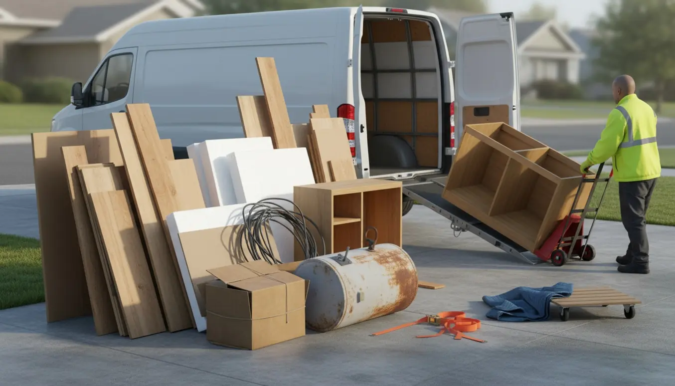 Stor bunke blandet byggeaffald på indkørsel ved en varevogn klar til afhentning.