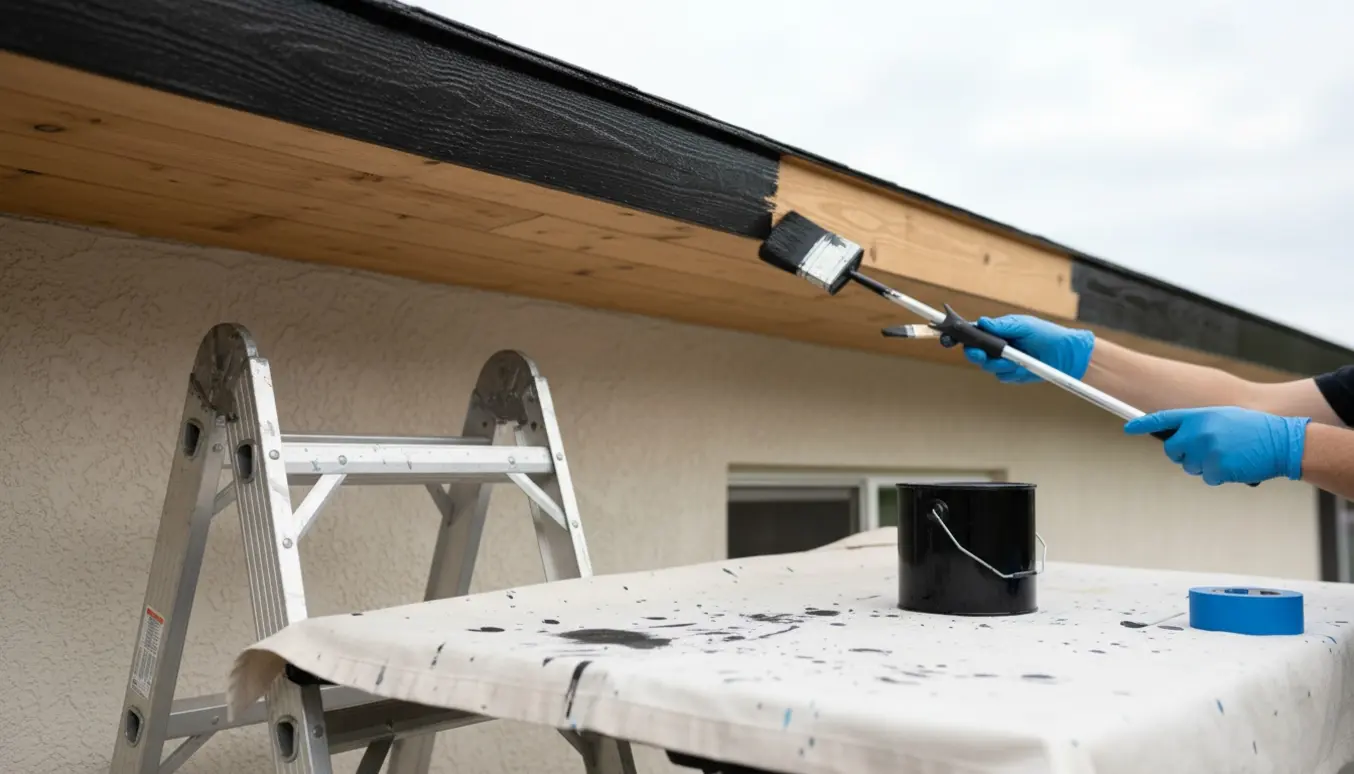 Træudhæng på et etplanshus bliver malet sorte langs hele tagkanten med stige, malerrulle og malerbøtte.