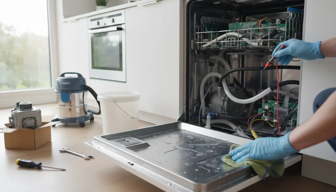 Tekniker arbejder på en åben opvaskemaskine med vand i bunden og reparationsværktøj.