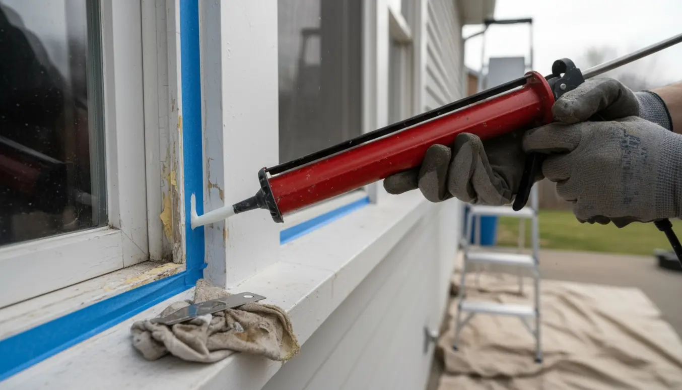 Hænder med fugepistol tæt ved et vindue, hvor gammel fuge er fjernet og ny fuge påføres.