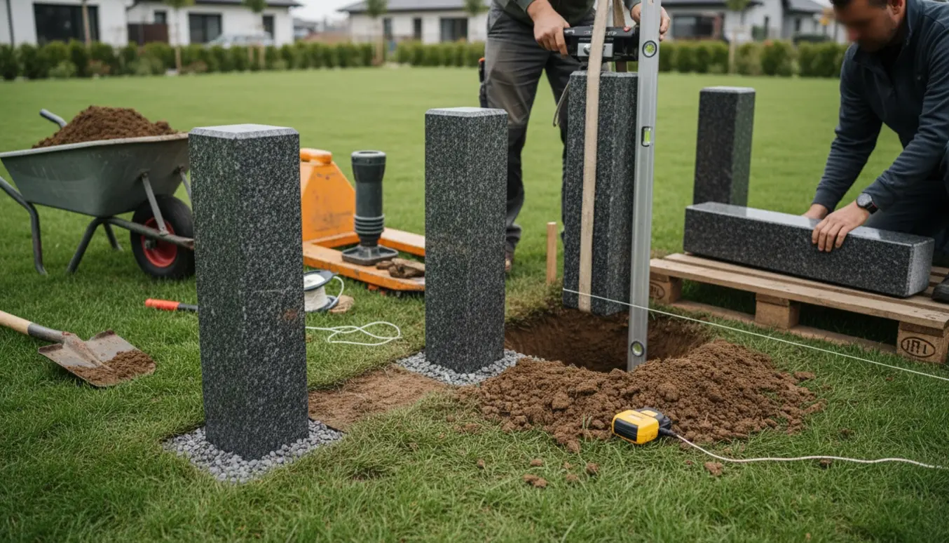 Montering af fire granitpullerter langs græskant, en pullert sænkes i et 60 cm dybt hul med skovl og løftestropper.