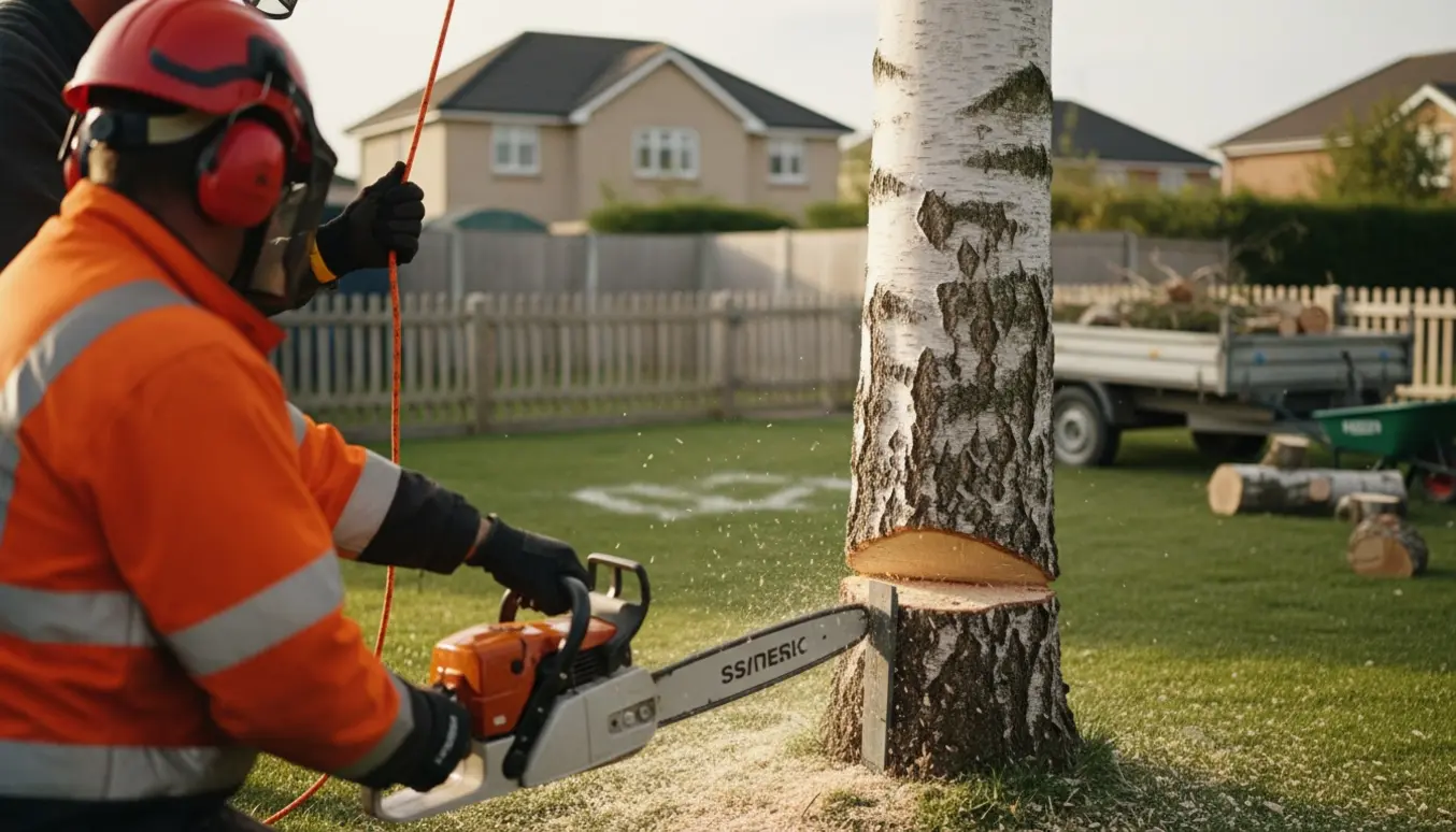 To arbejdere fælder et stort birketræ i en have med motorsav og tov, ansigter ikke synlige.
