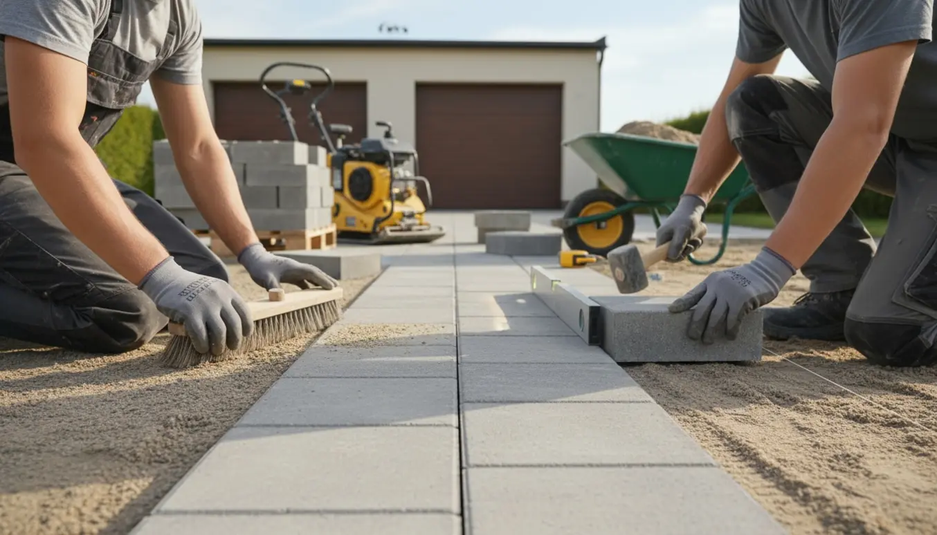 Nærbillede af arbejdstagere, der lægger 40x40x8 cm indkørselsfliser på forberedt sand med pladevibrator og værktøj.