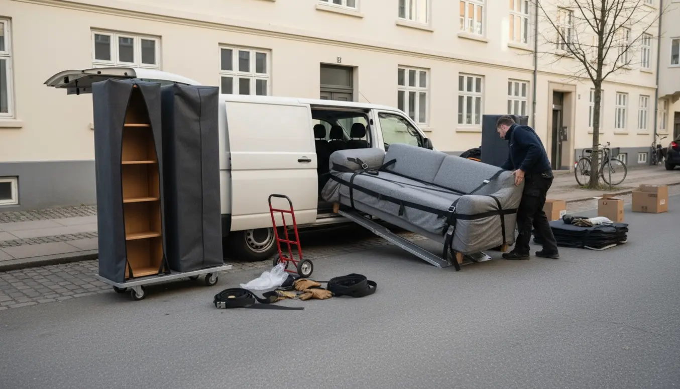 Personer læsser en beskyttet sovesofa og to reoler ind i en lille varevogn foran en københavnsk ejendom.