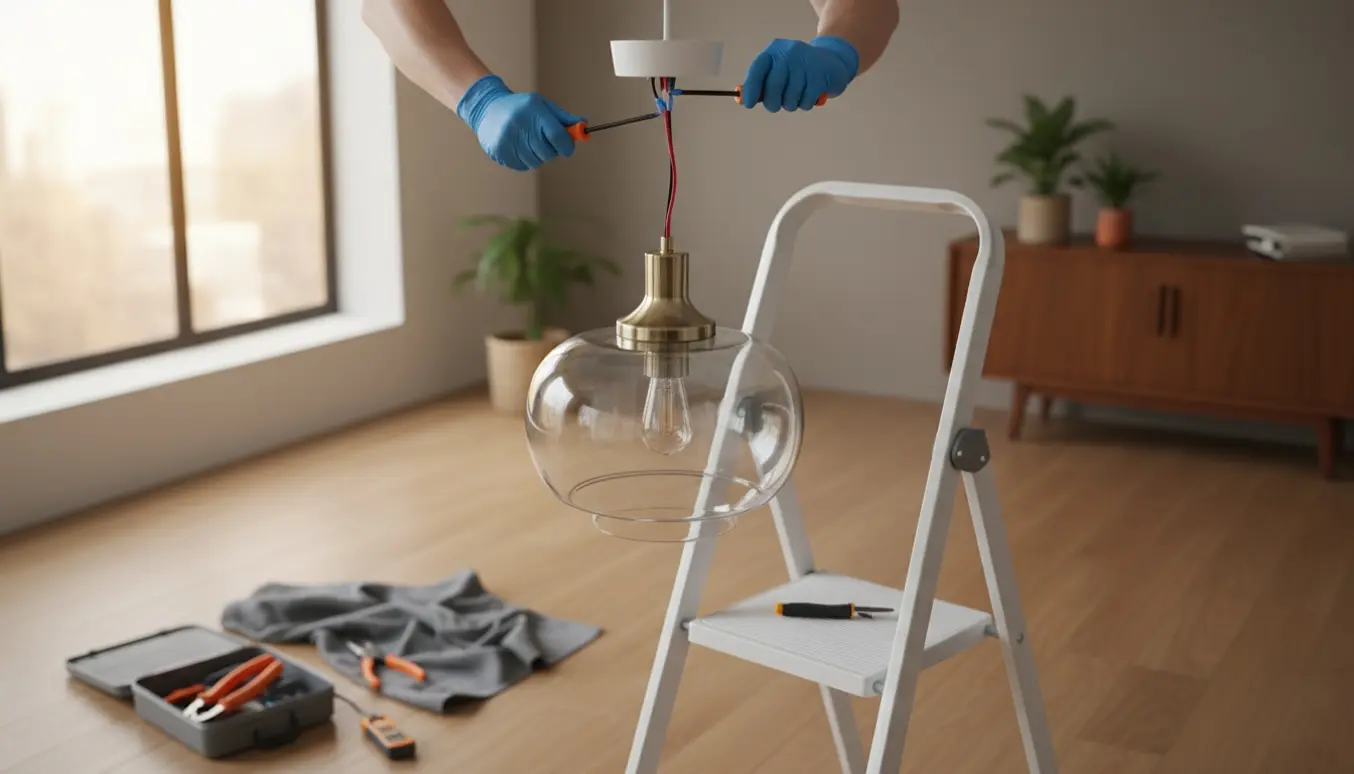 Hænder monterer en moderne loftslampe på en stige i en lys stue med værktøj på gulvet.