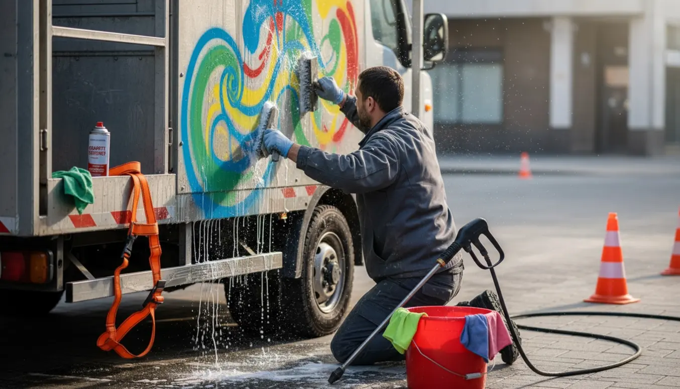 En arbejder fjerner farverig graffiti fra siden af en liftbil med børste og højtryksrenser.