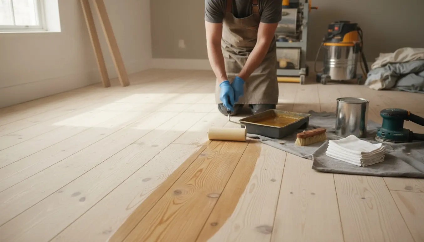 Hænder påfører træolie på et nyslebet fyrresgulv, hvor den ene halvdel viser en varm, olieret glans.
