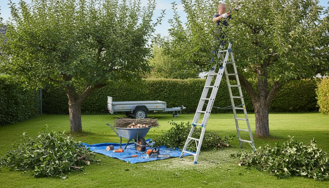 Bagside af en gartner på en stige, beskæring af to æbletræer med sav, kædesav og afklippede grene på græsset.