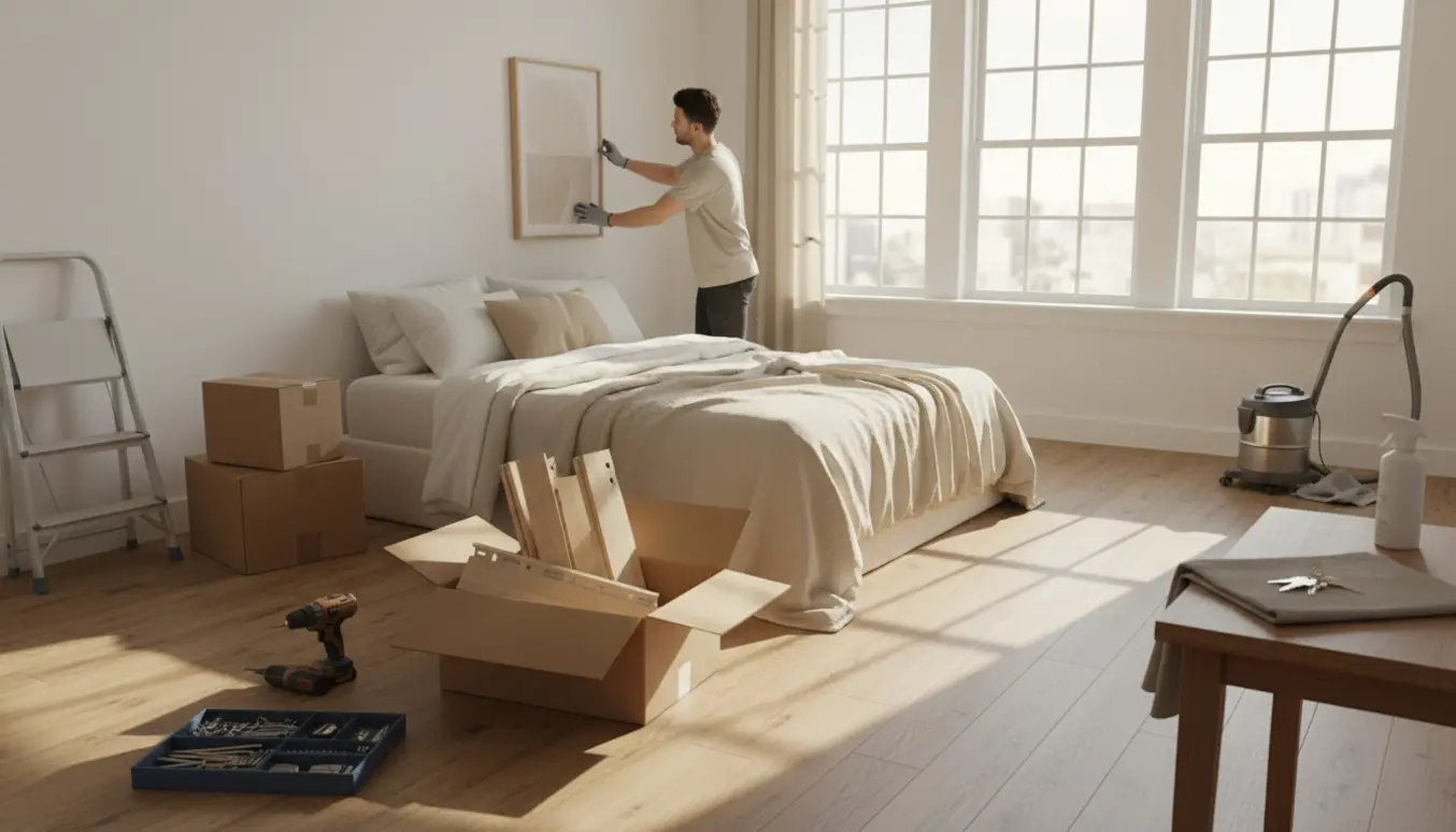 Lys lejlighed klargjort til udlejning med seng, værktøj, flyttekasser og hænder, der hænger et billede.