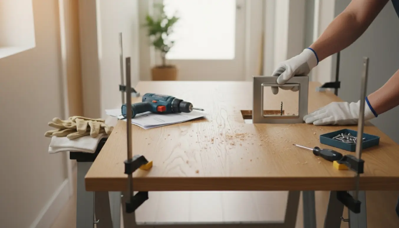 Nærbillede af hænder, der monterer en kattelem i en trædør med værktøj og træspåner.