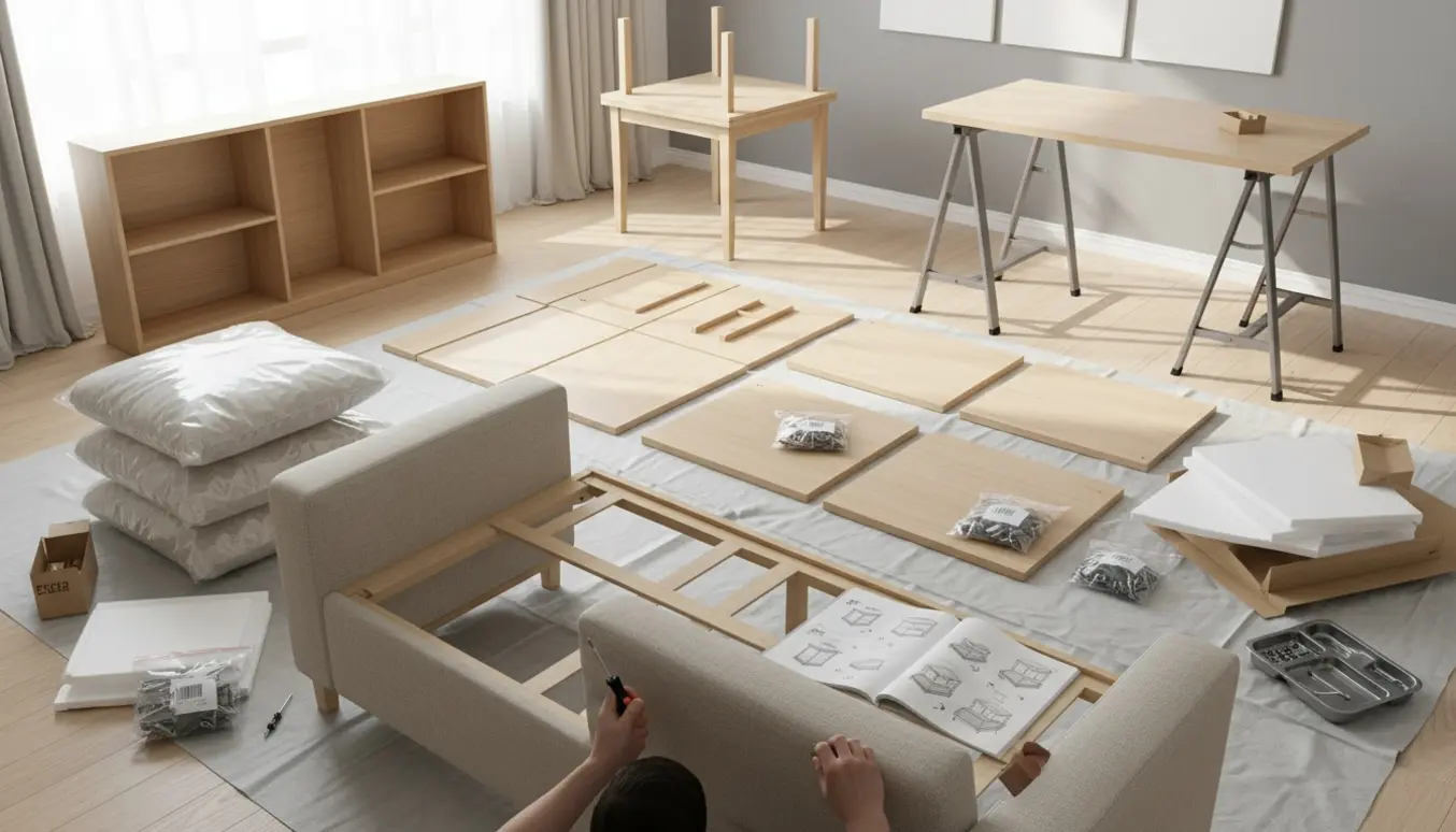 Lyst rum med delvis samlede Ikea-møbler, manual og en skruetrækker klar til brug.