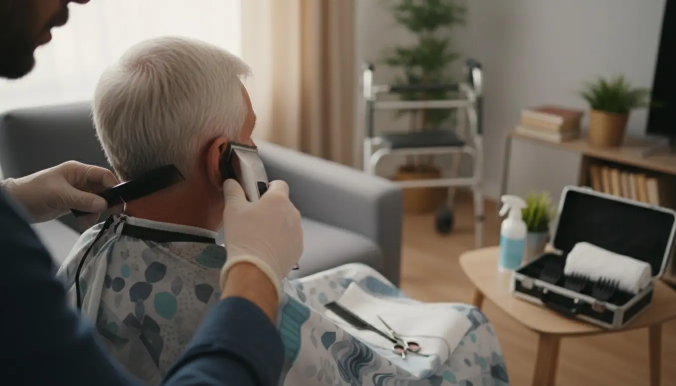 En frisør klipper håret på en ældre mand med handicap i hans hjem, med klipper og kam i fokus.