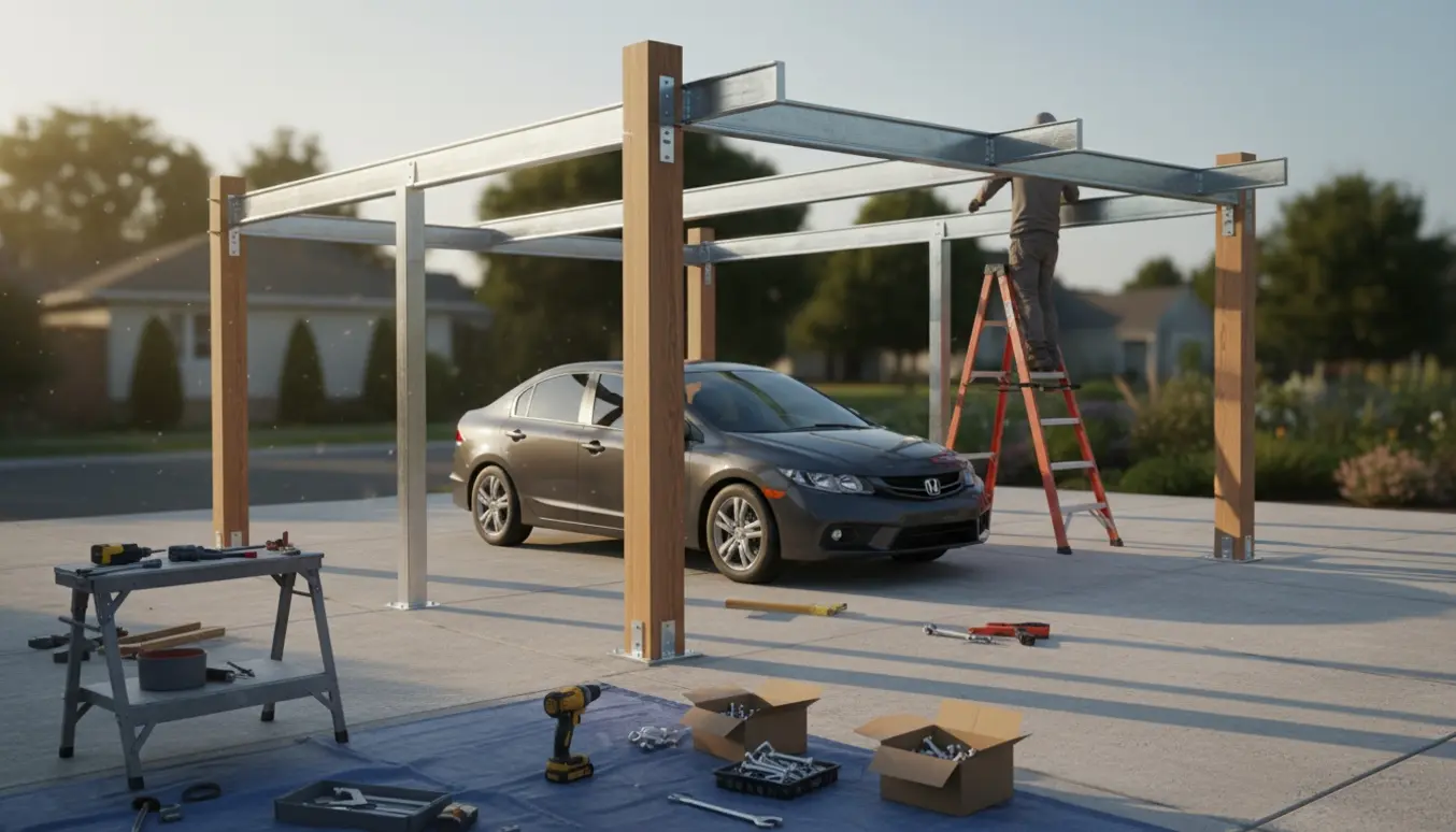 Halvfærdig carport monteres over indkørsel med værktøj og hænder i arbejde.