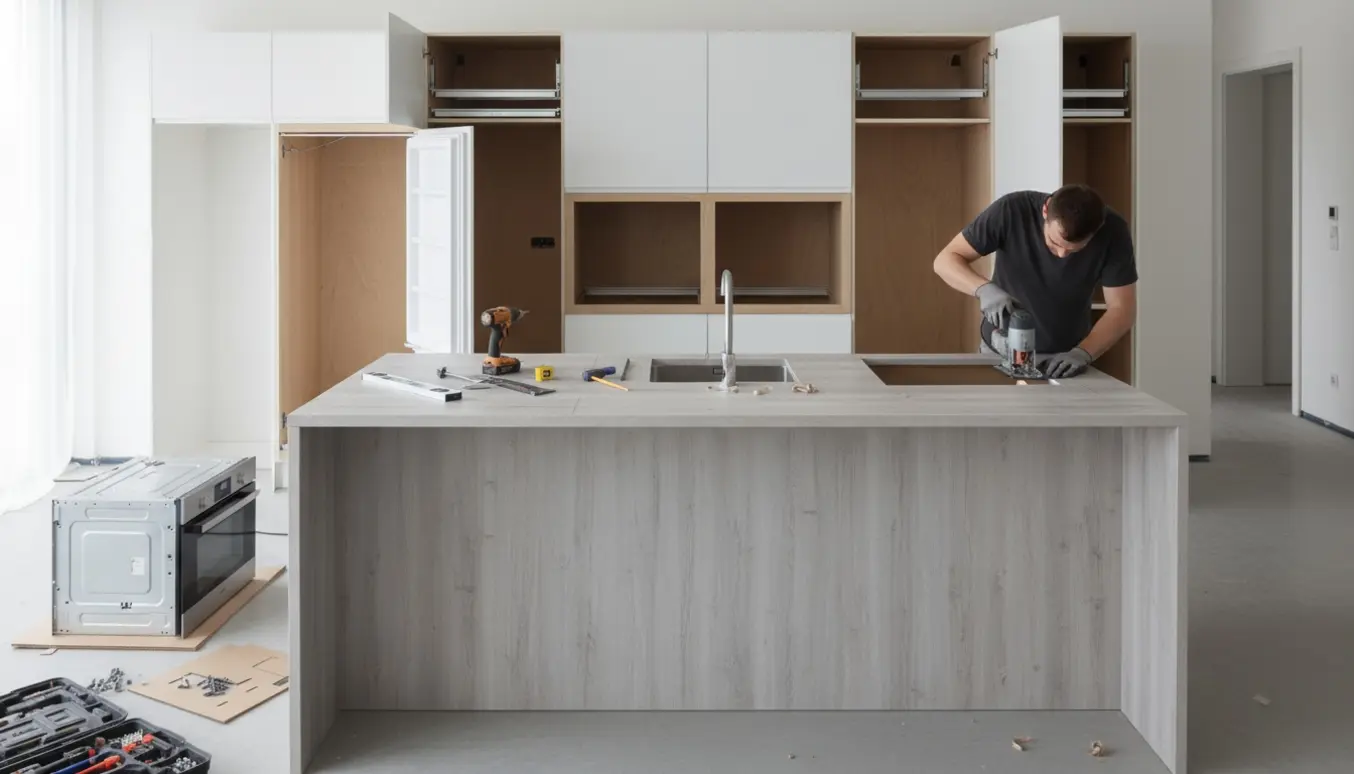 Køkken under montering med laminat vandfalds-ø, nedsænket vask og udskæring til en 8-zone induktionskogeplade.