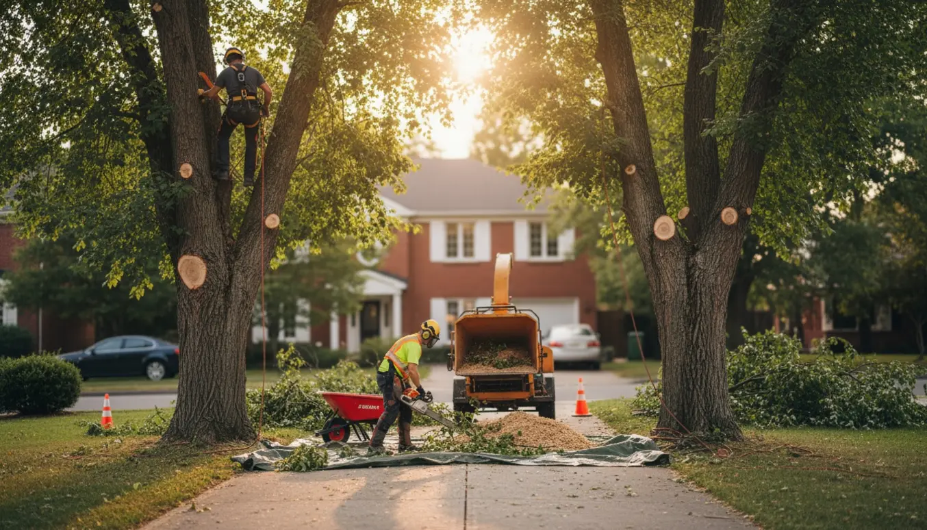 Arborist beskærer kronerne på to høje træer ved en indkørsel, med afklippede grene og flishugger i forgrunden.