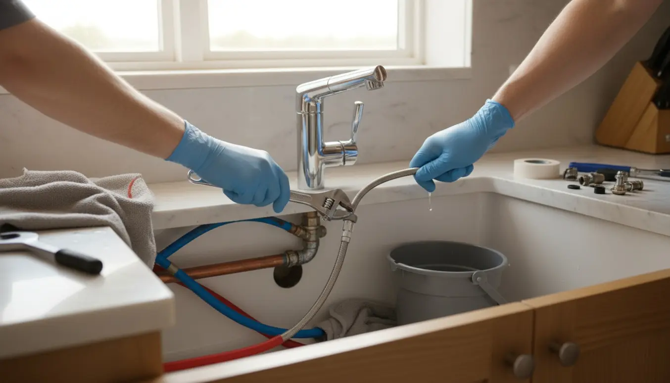 Nyt krom-vandhane monteres ved køkkenvask med værktøj og synlige vandrør i det åbne underskab.